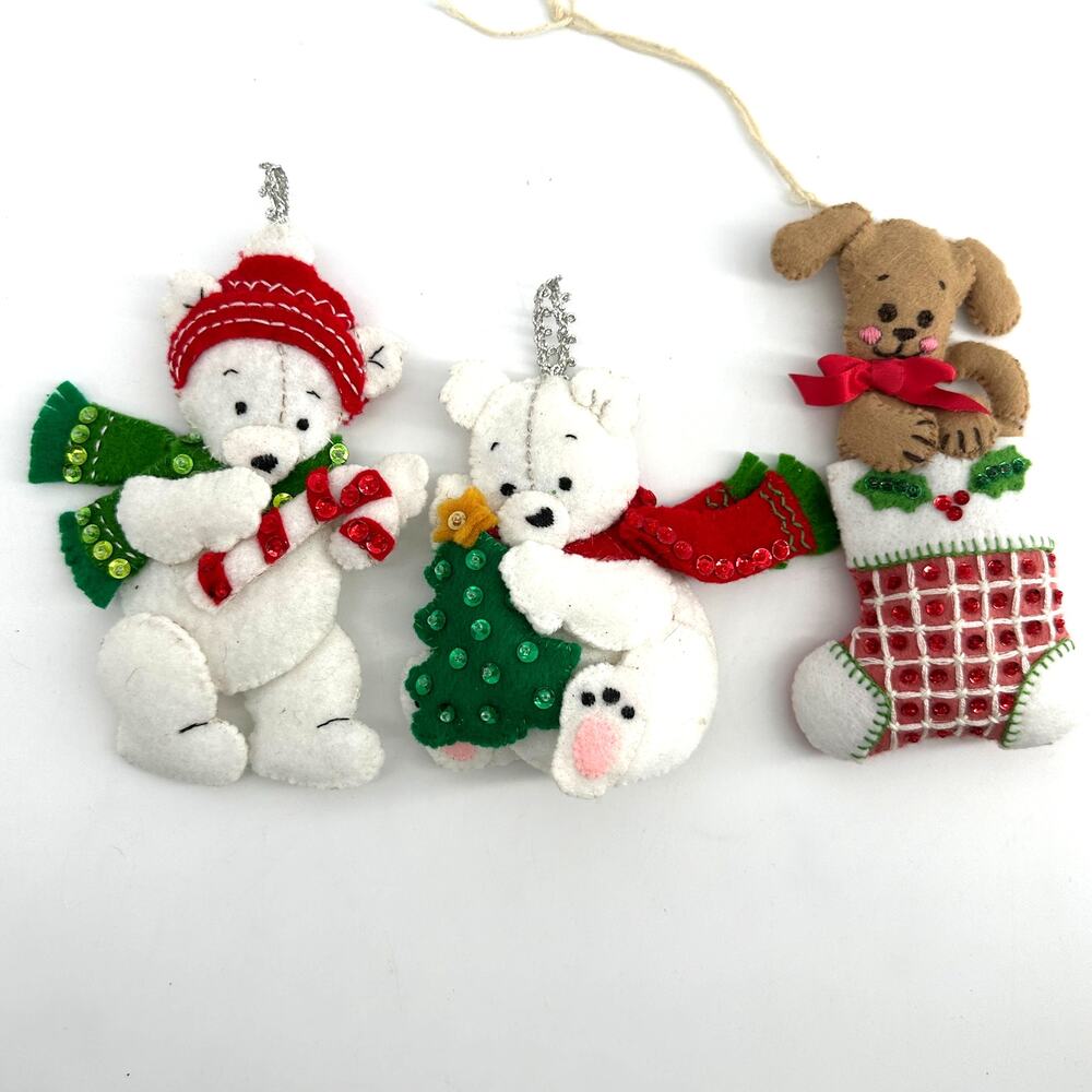 Vintage 1980s Felt Christmas Ornaments Lot 3 Bears Dog Stocking Sequins Handmade